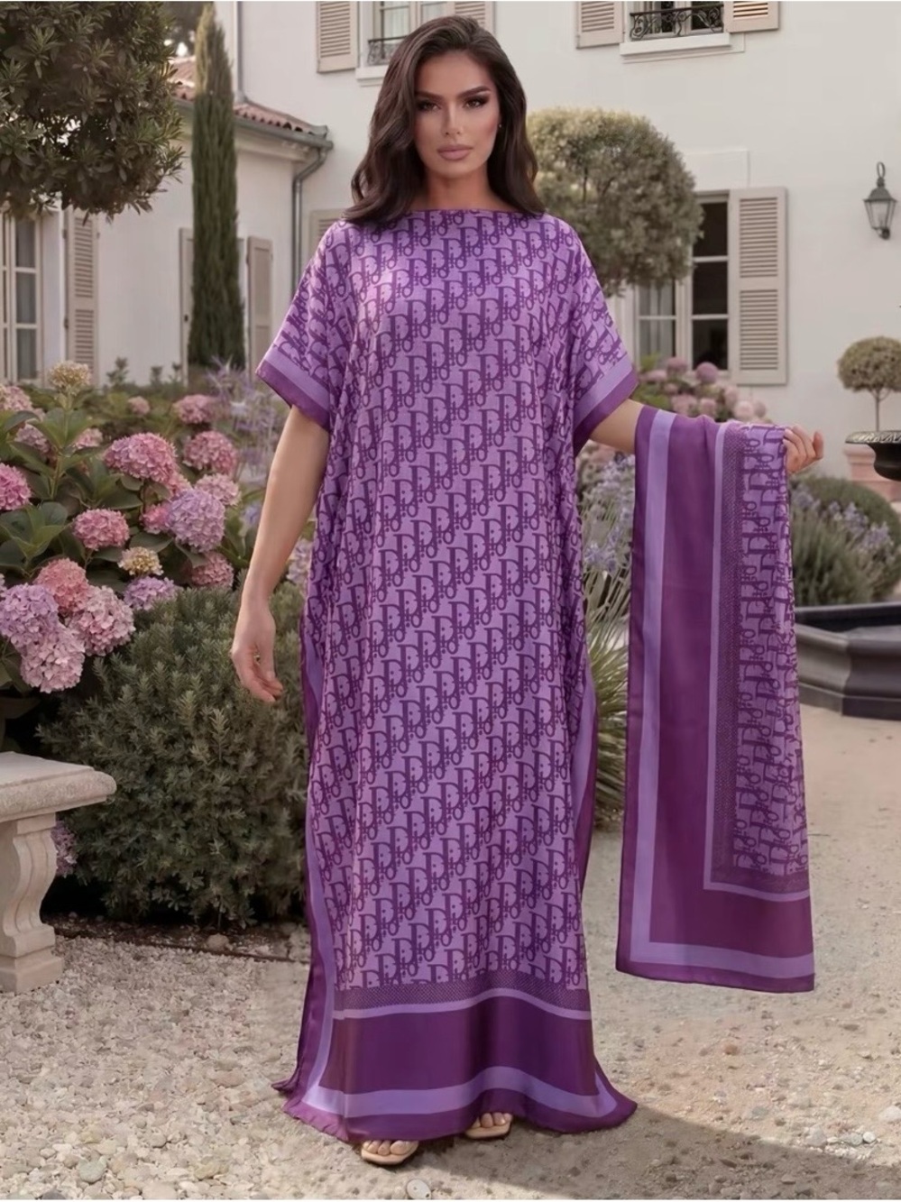 Elegant Purple Printed Maxi Kaftan with Matching Scarf